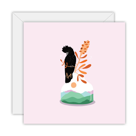 Floral With Red-Tailed Black Cockatoo Card