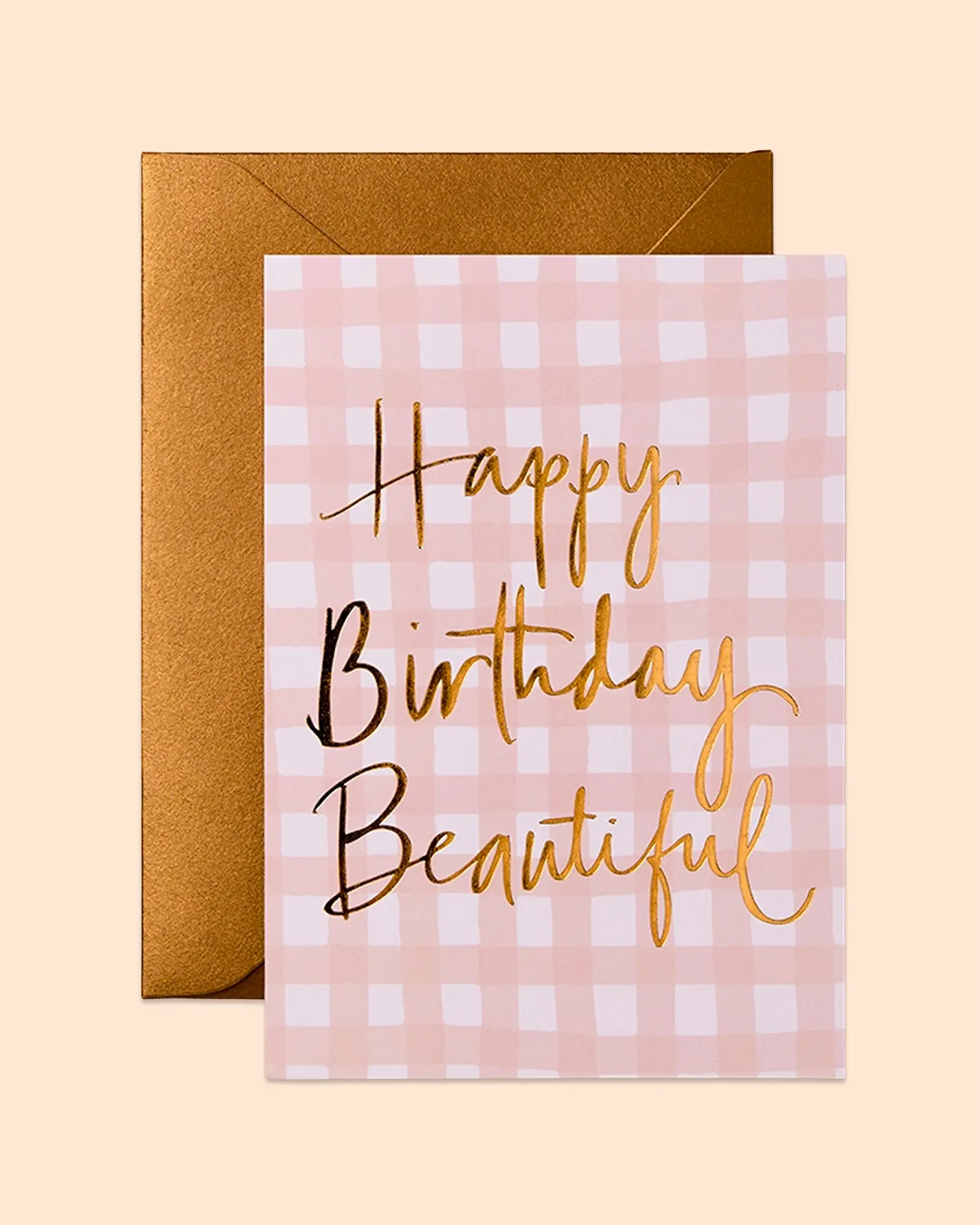 Happy Birthday Beautiful (Blush Pink Gingham) Card