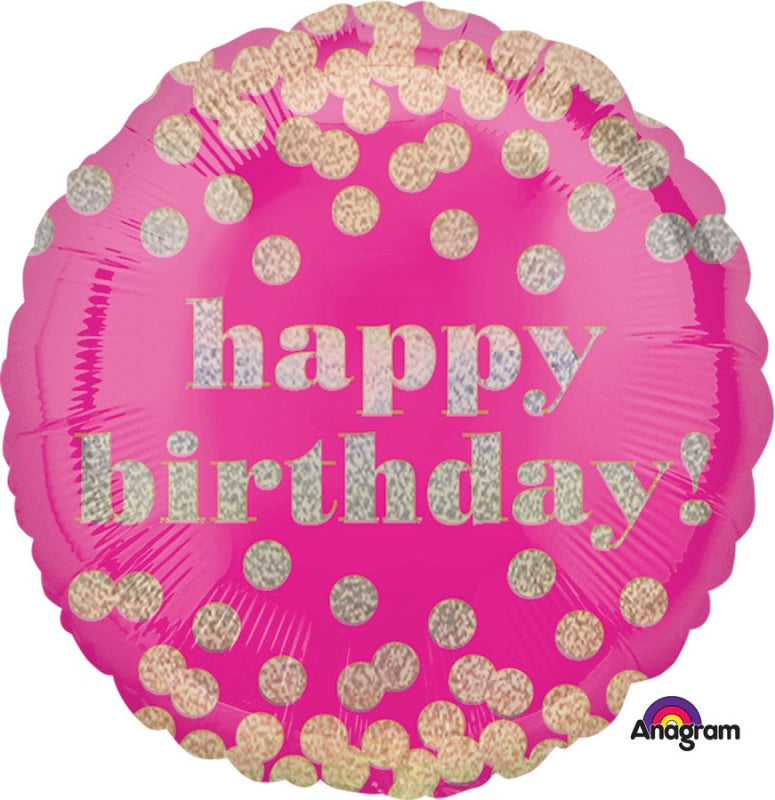 Happy Birthday Pink Holographic Dotty 45cm Balloon (Inflated)