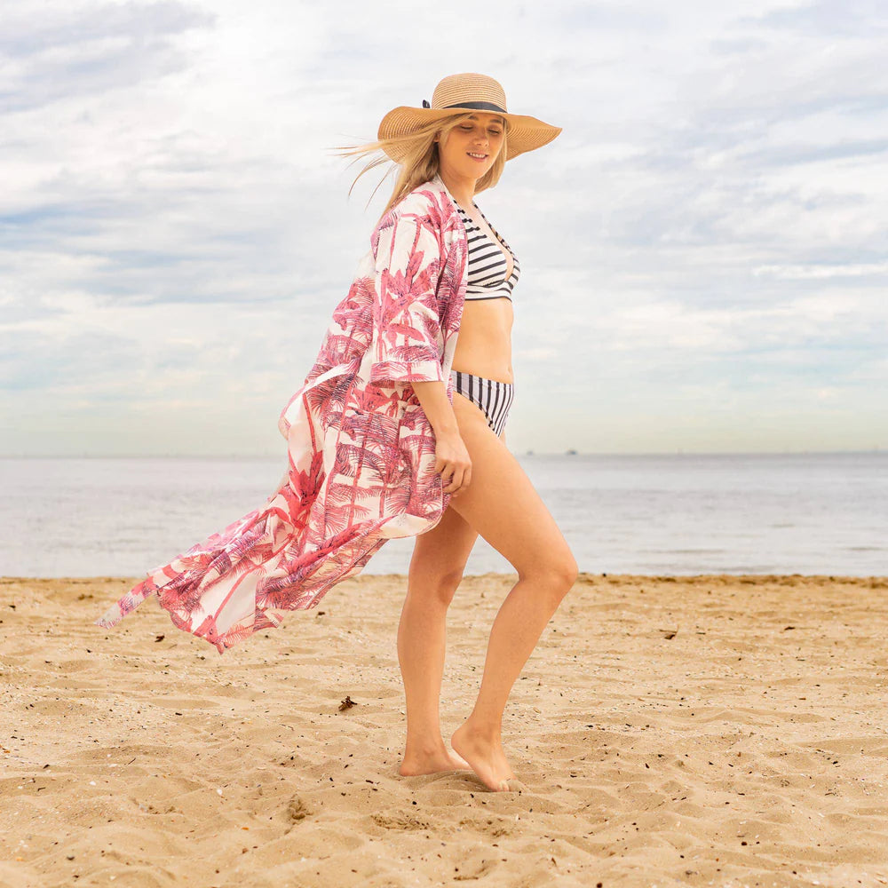 Linen Connections Pink Palm Kimono