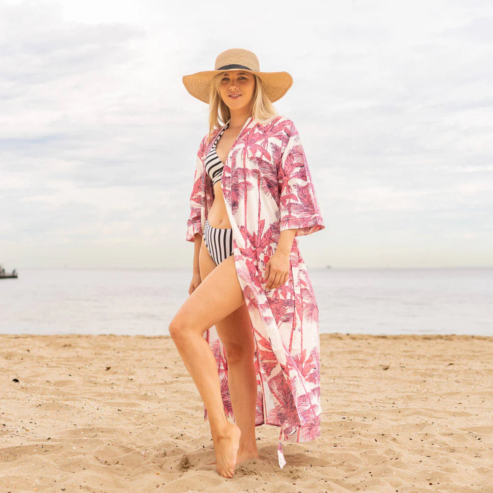 Linen Connections Pink Palm Kimono