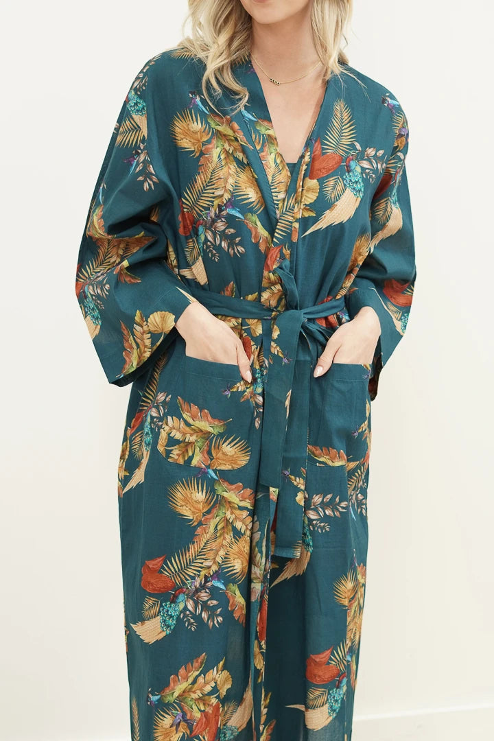 Linens Unlimited Autumn Leaf Petrol Blue Kimono