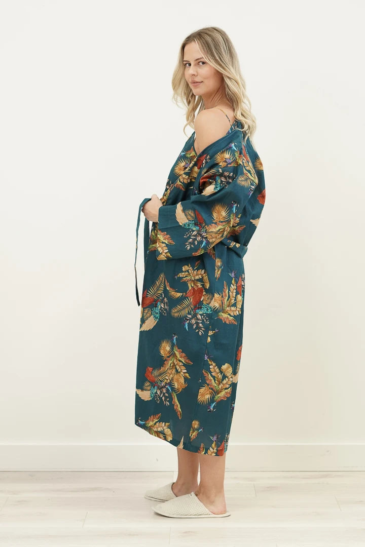 Linens Unlimited Autumn Leaf Petrol Blue Kimono