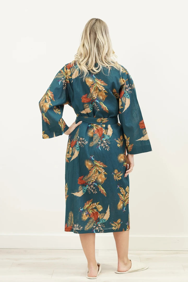 Linens Unlimited Autumn Leaf Petrol Blue Kimono