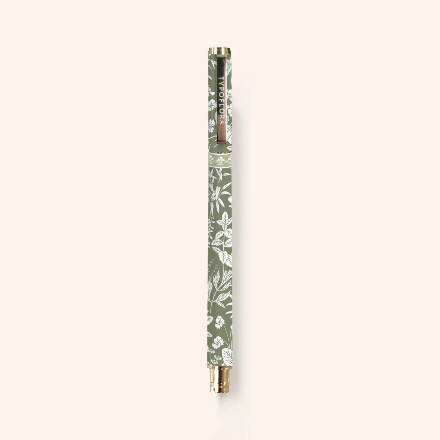 Typoflora Sage Botanical rollerball pen, sage green botanical print with gold trim
