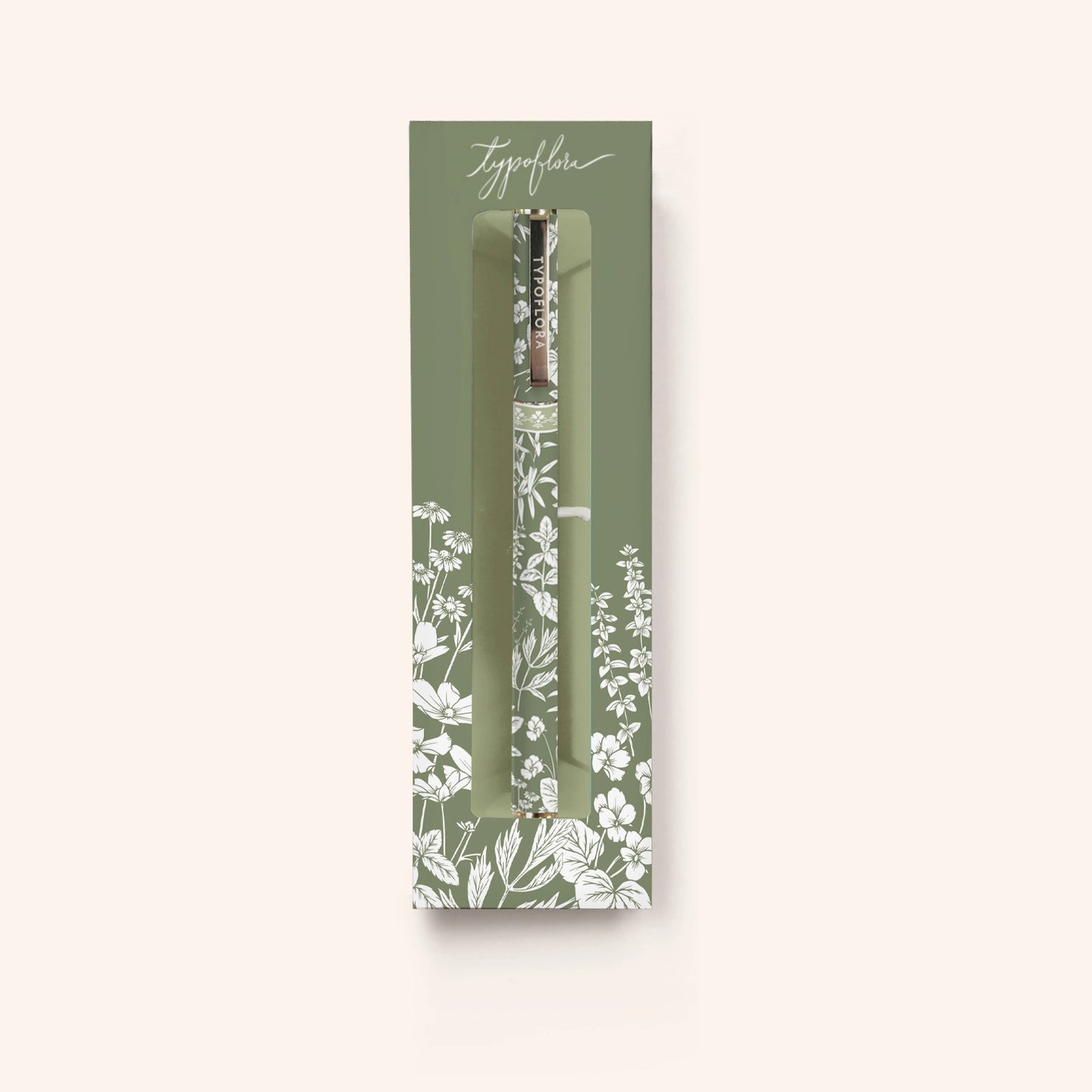 Typoflora Sage Botanical rollerball pen in its sage green illustrated gift box
