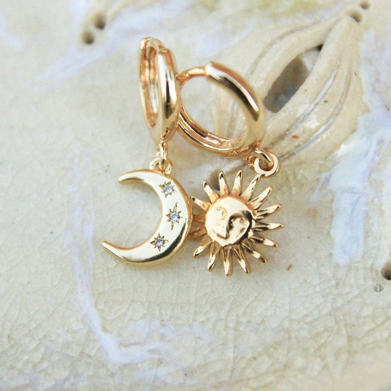 Asymmetrical Gold Sun Moon Earrings