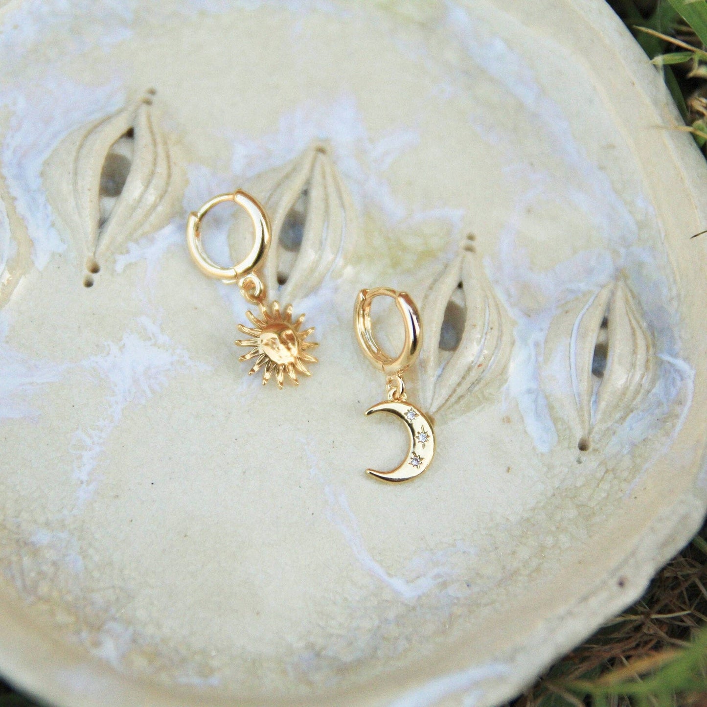 Asymmetrical Gold Sun Moon Earrings