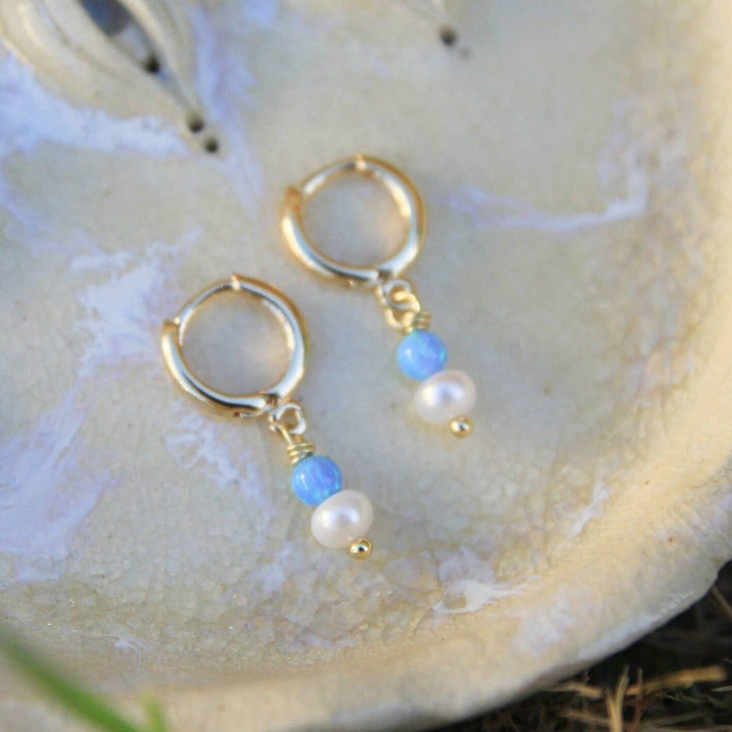 Gold Opal and Pearl Huggie Earrings