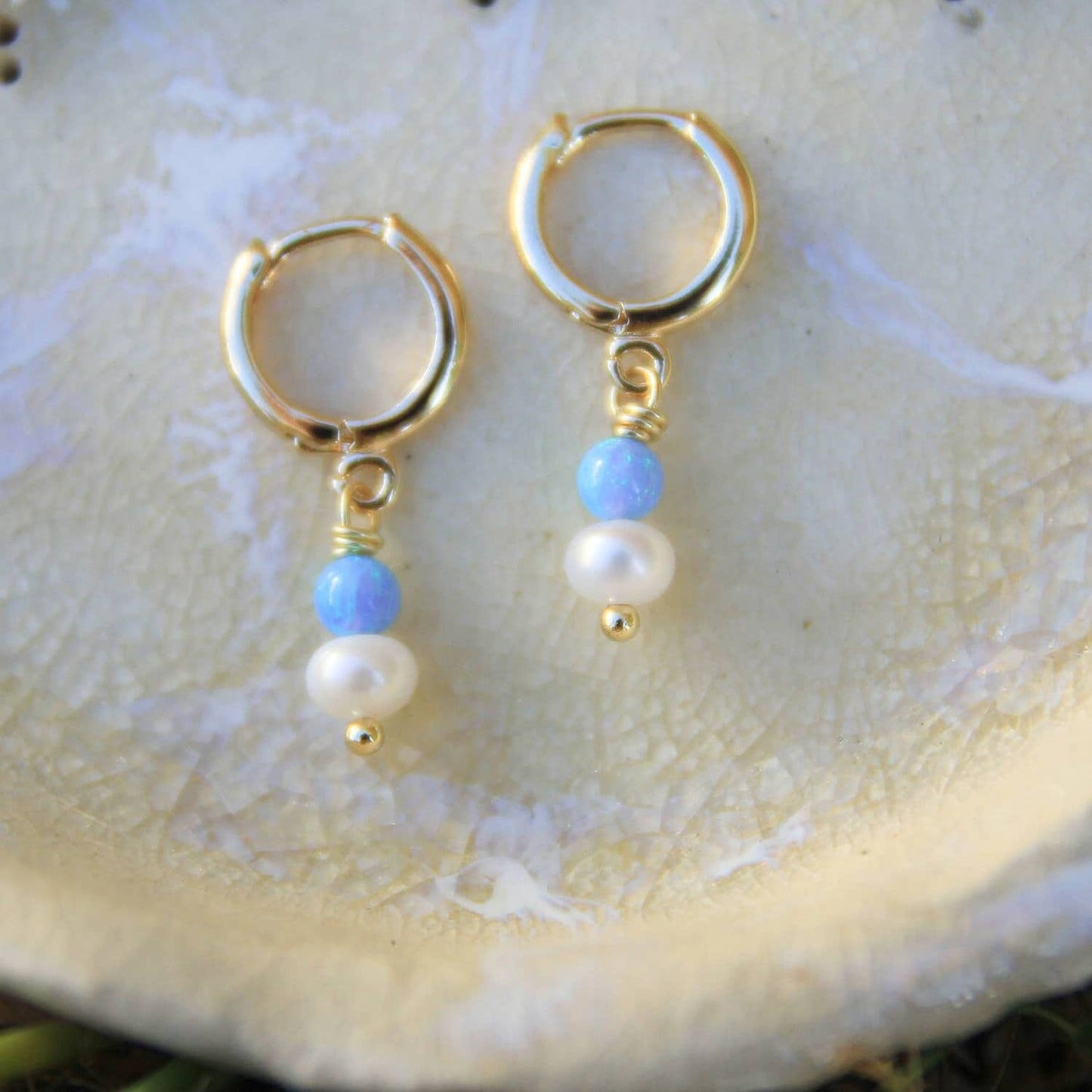 Gold Opal and Pearl Huggie Earrings