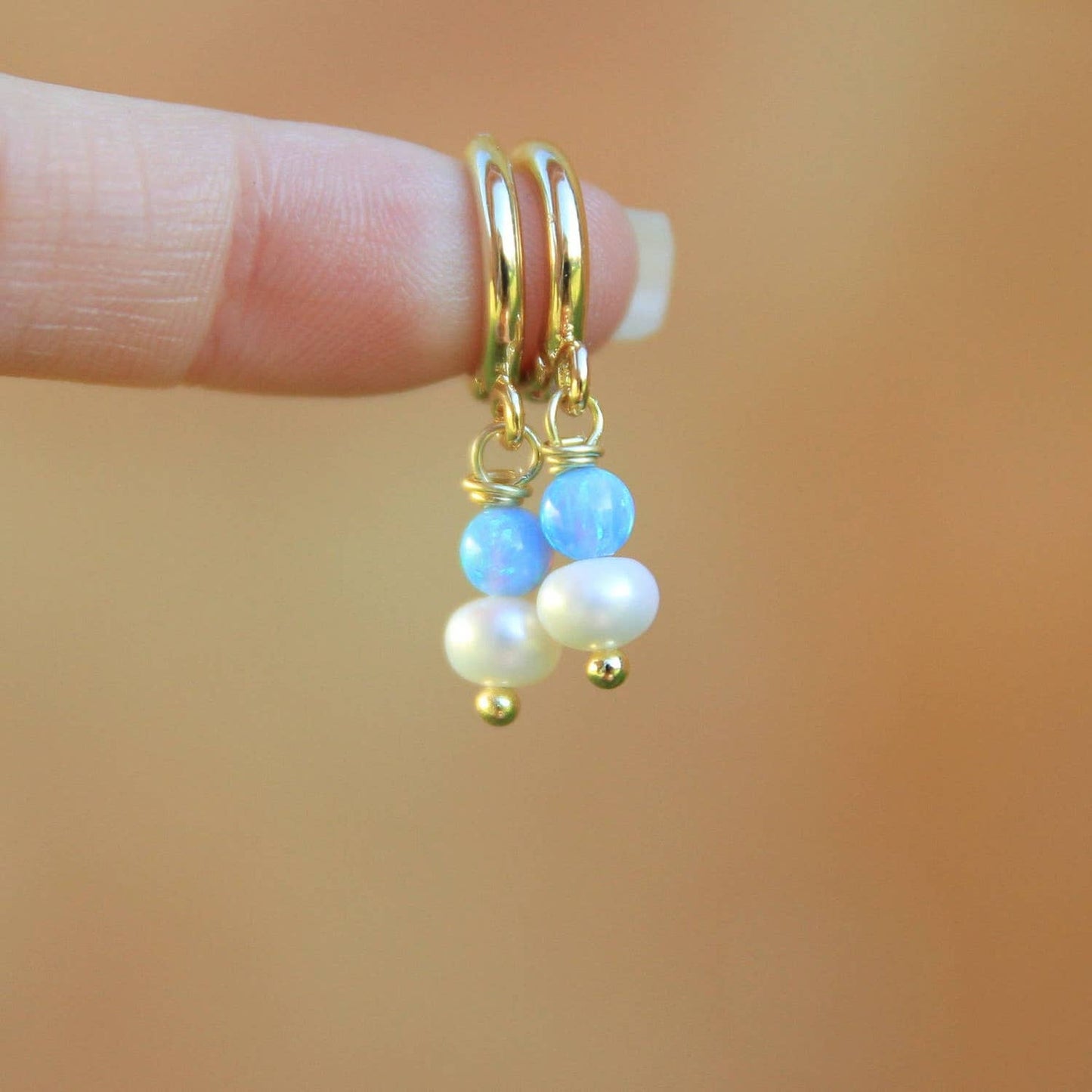 Gold Opal and Pearl Huggie Earrings