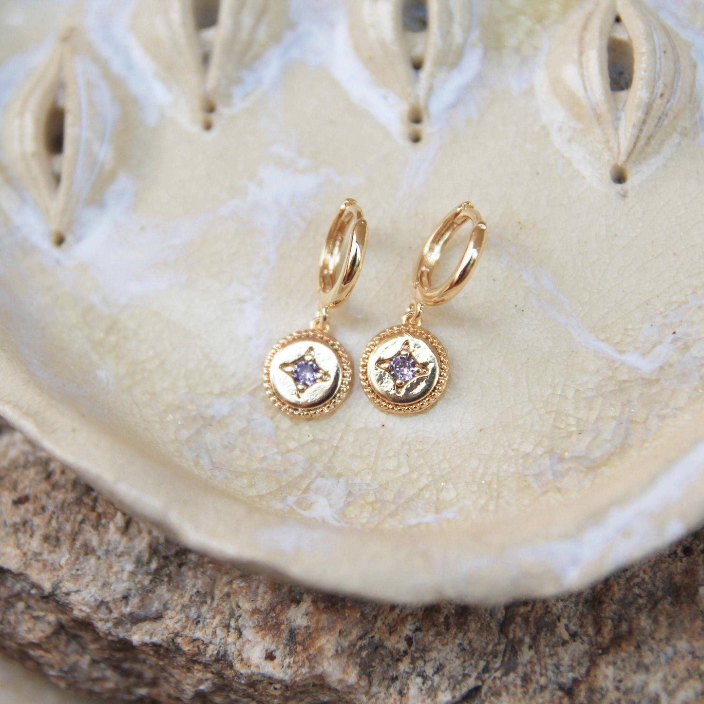 Gold Round Star Huggie Earrings lilac