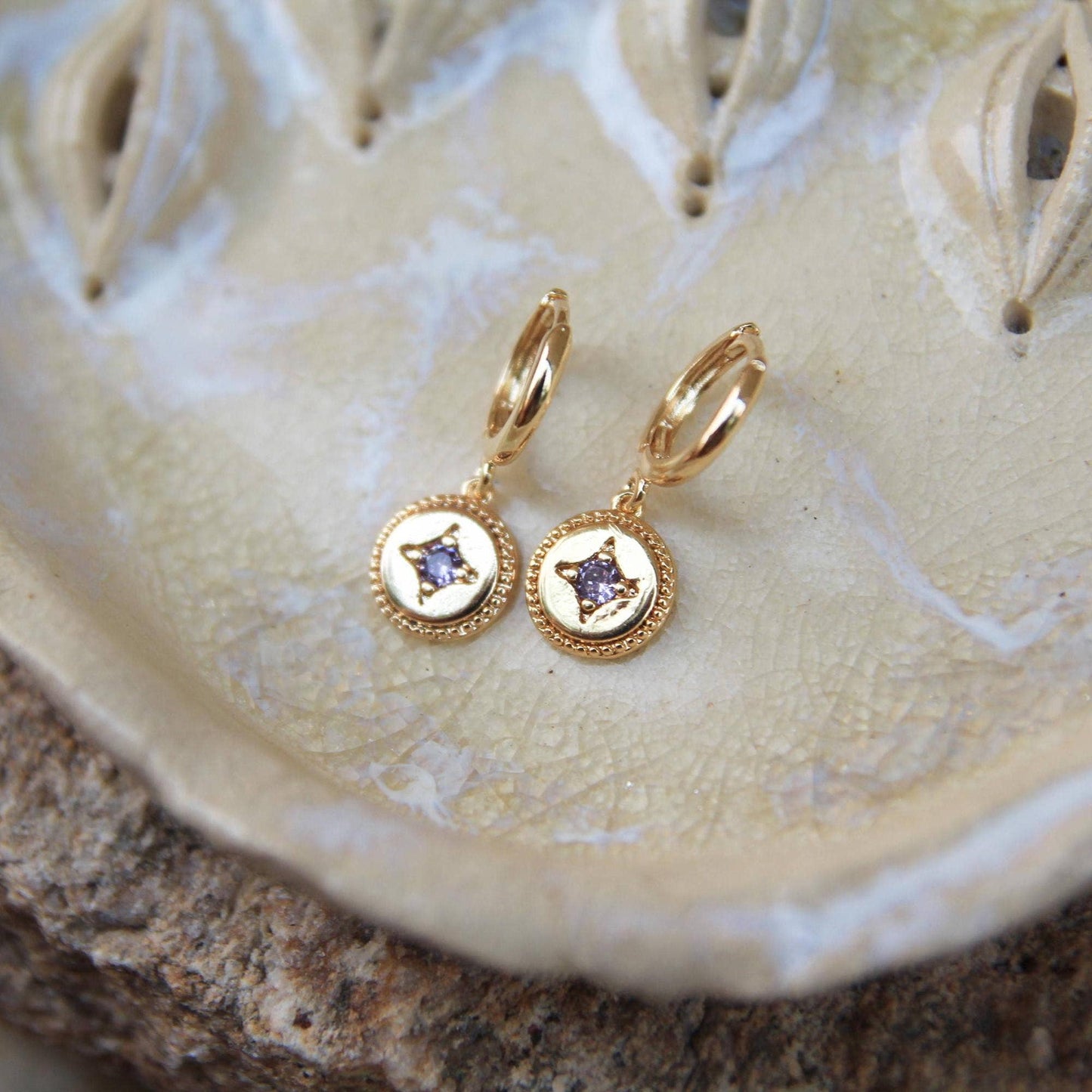 Gold Round Star Huggie Earrings lilac