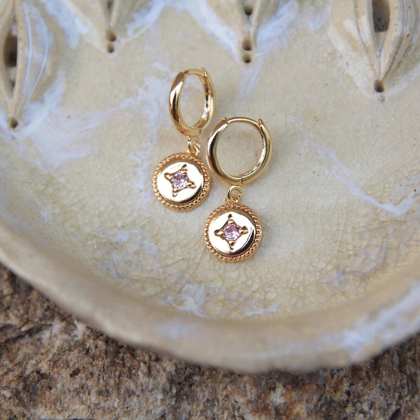 Gold Round Star Huggie Earrings lilac