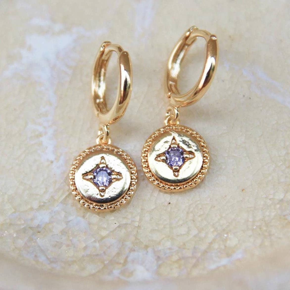 Gold Round Star Huggie Earrings lilac