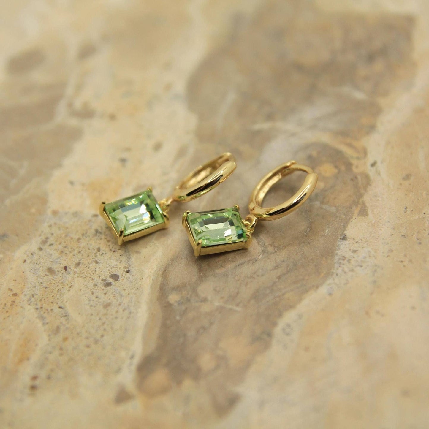 Green Rectangle Crystal Drop Hoop Earrings