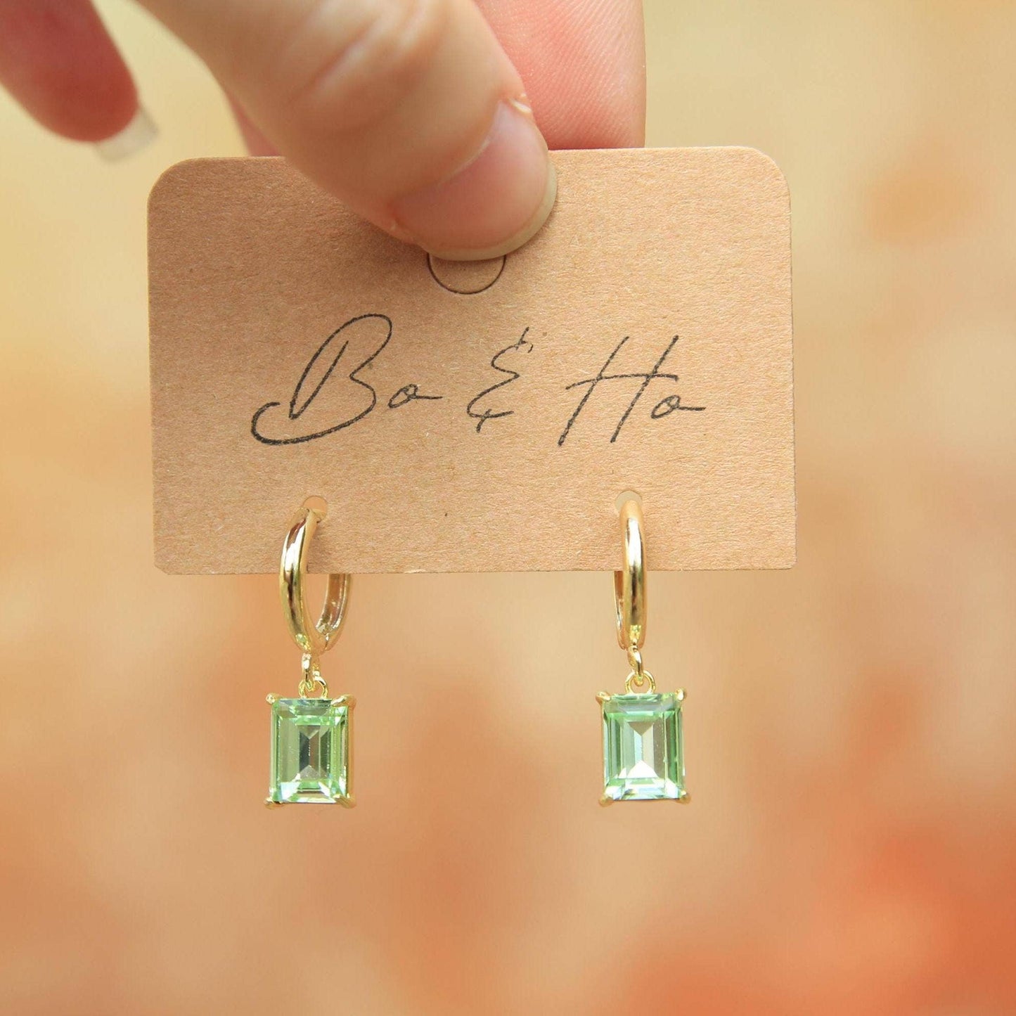 Green Rectangle Crystal Drop Hoop Earrings