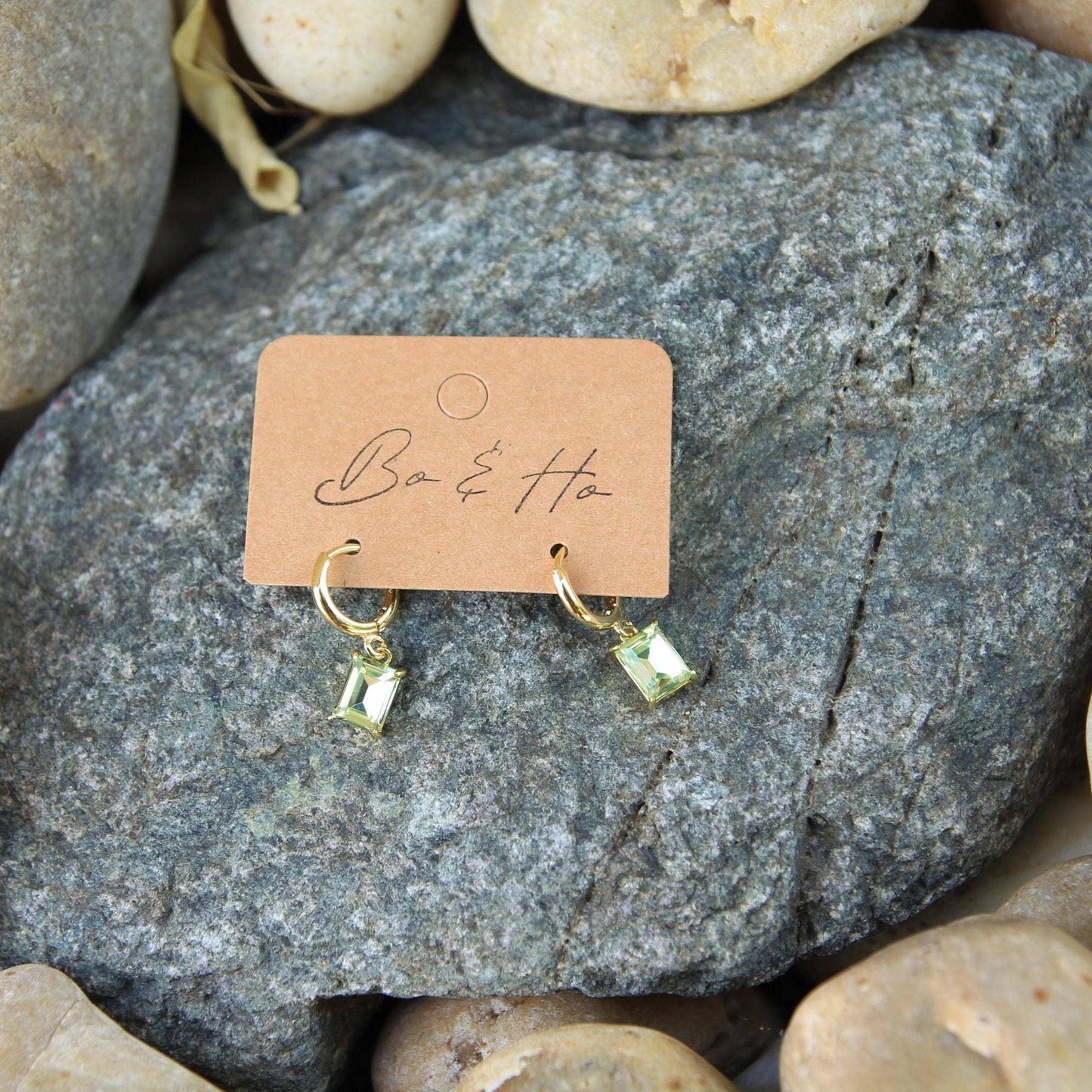 Green Rectangle Crystal Drop Hoop Earrings