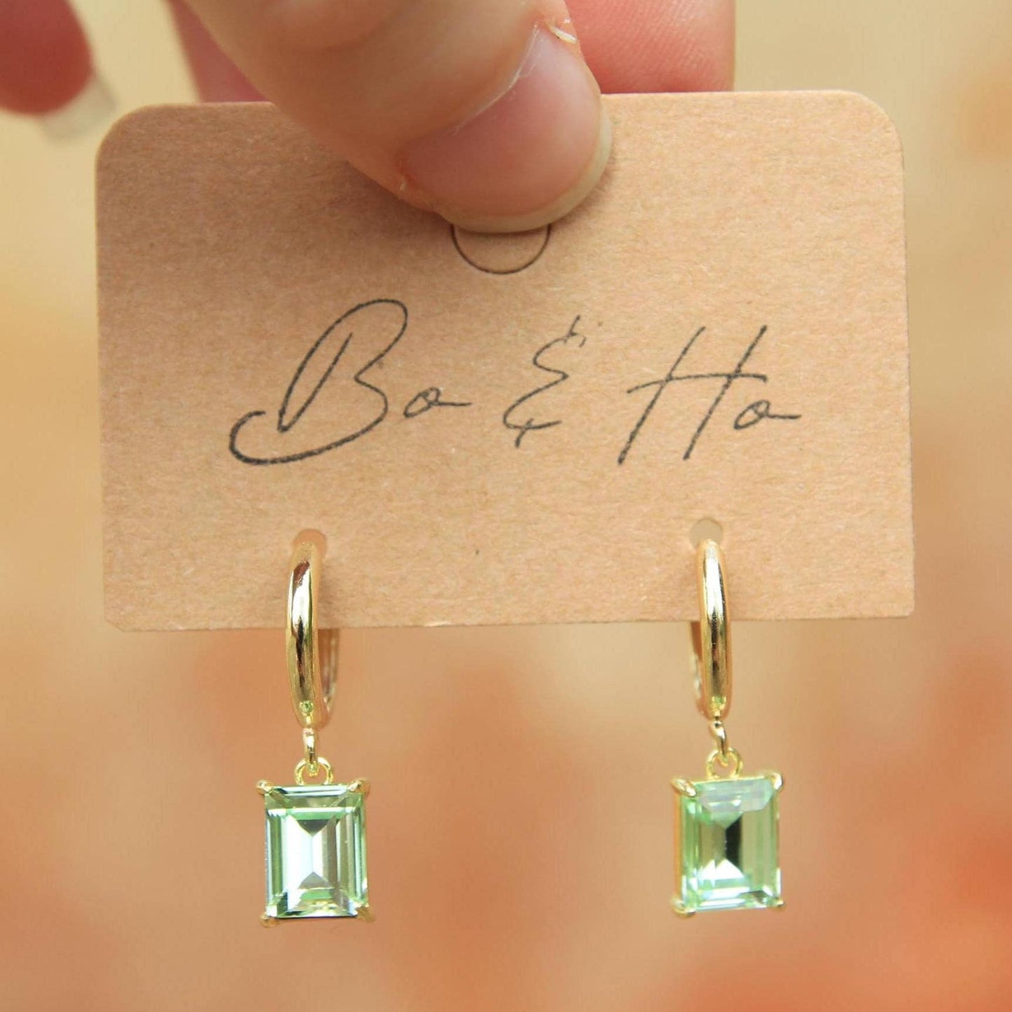 Green Rectangle Crystal Drop Hoop Earrings