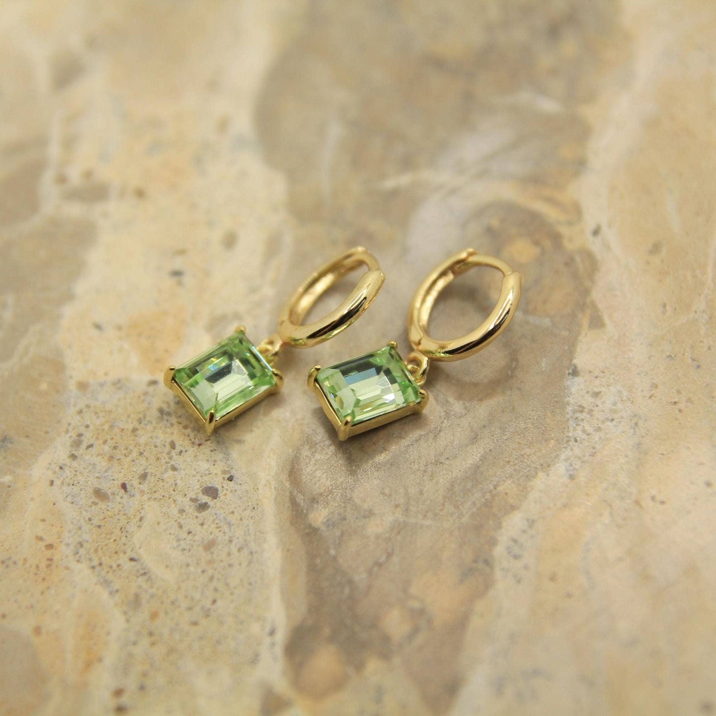 Green Rectangle Crystal Drop Hoop Earrings